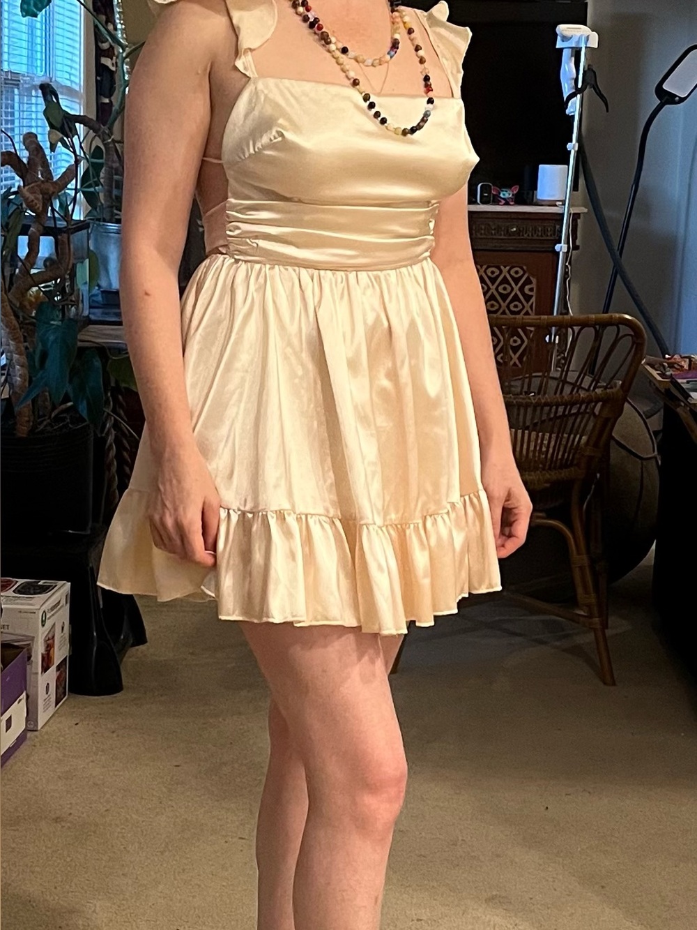 Lucy in the Sky Cream Satin Ruffle Mini Dress